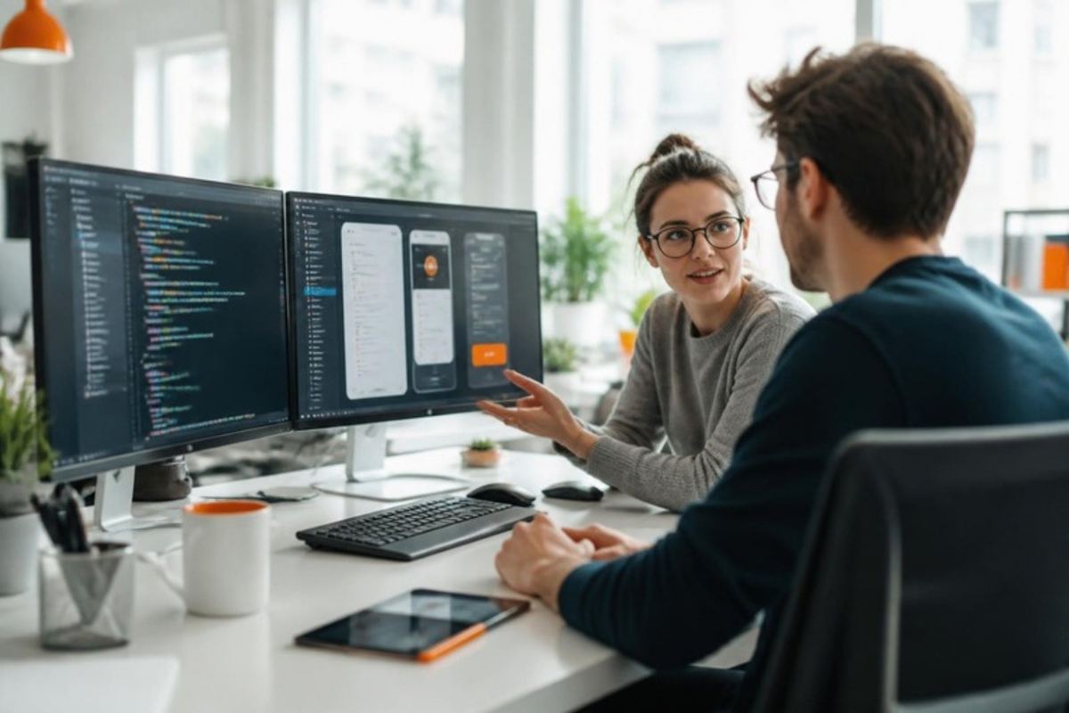 Software engineers collaborating at their desks