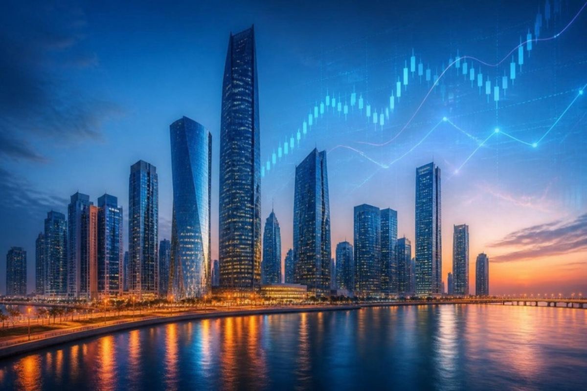 Modern financial district skyline at dusk