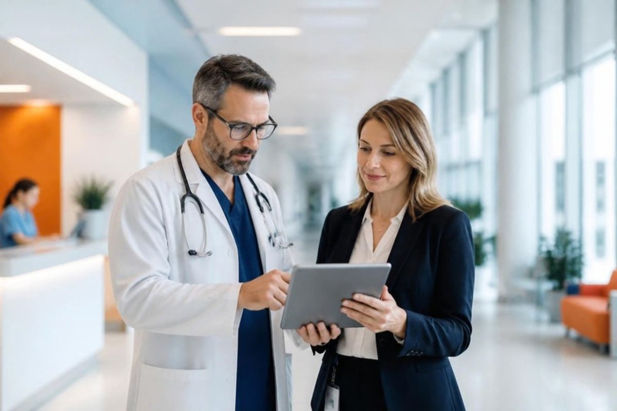 Doctor and administrator reviewing hospital data on a tablet