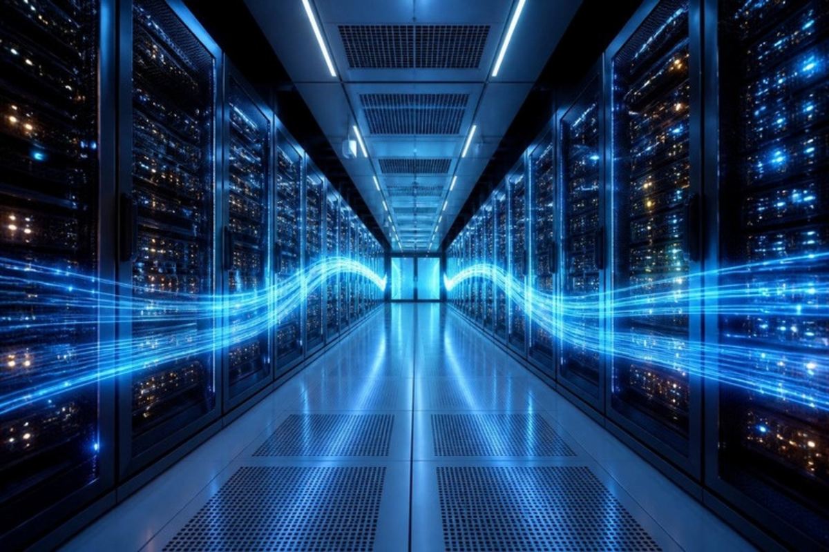 Data centre with server racks and flowing data