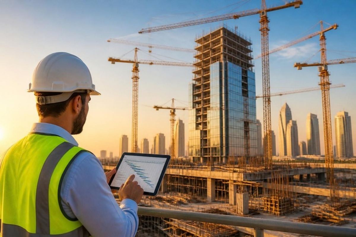 Engineer reviewing project documents on a construction site