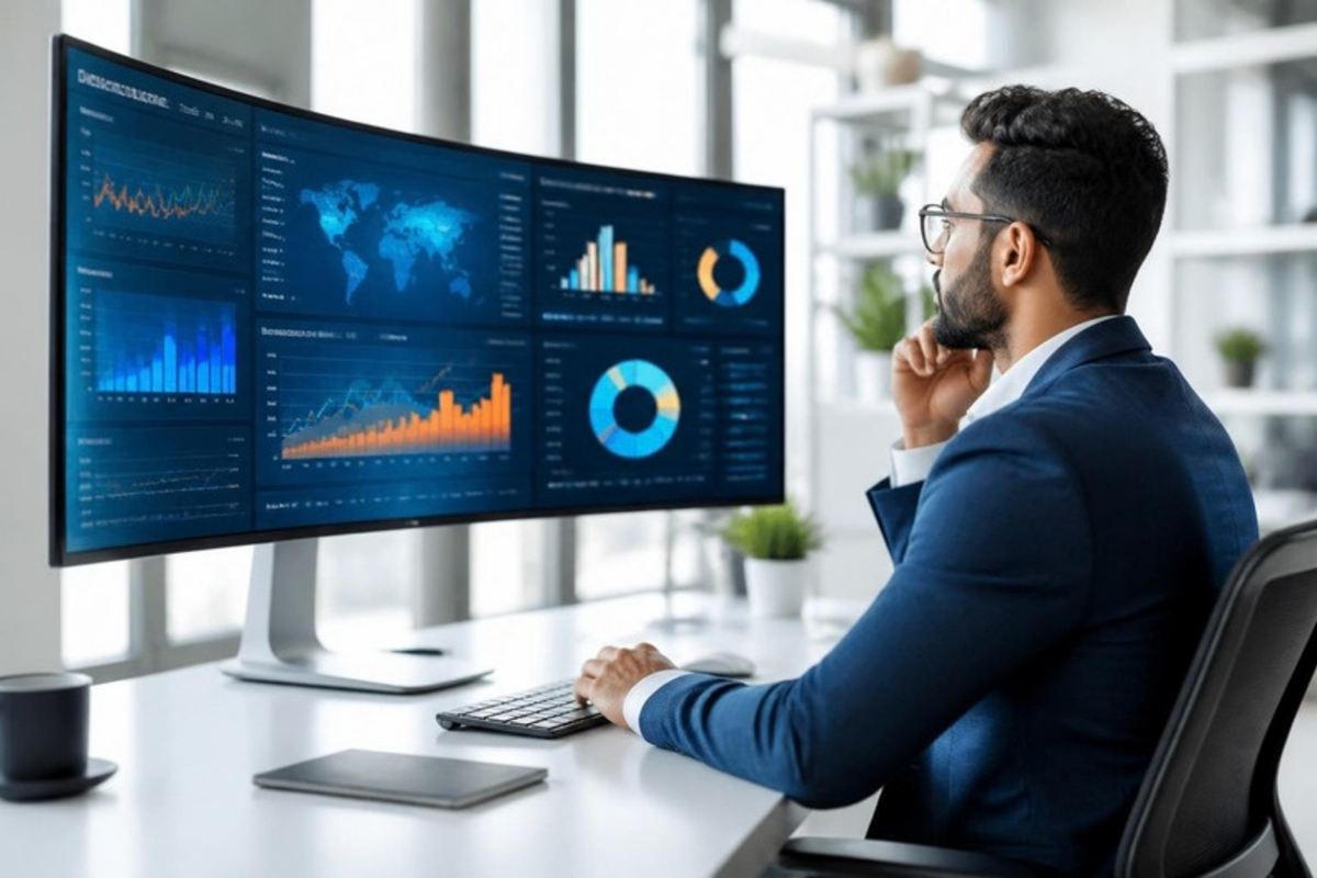 Analyst exploring dashboards on a curved monitor