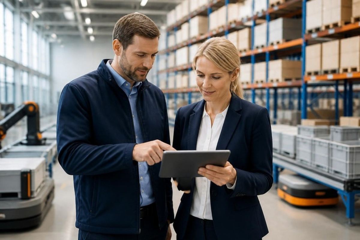 Managers reviewing ERP data in a warehouse
