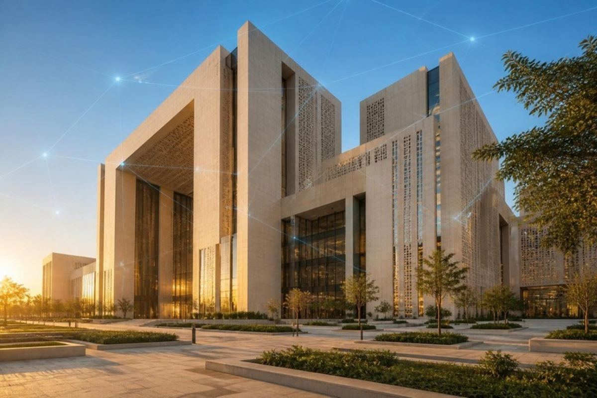Modern government building under a clear blue sky