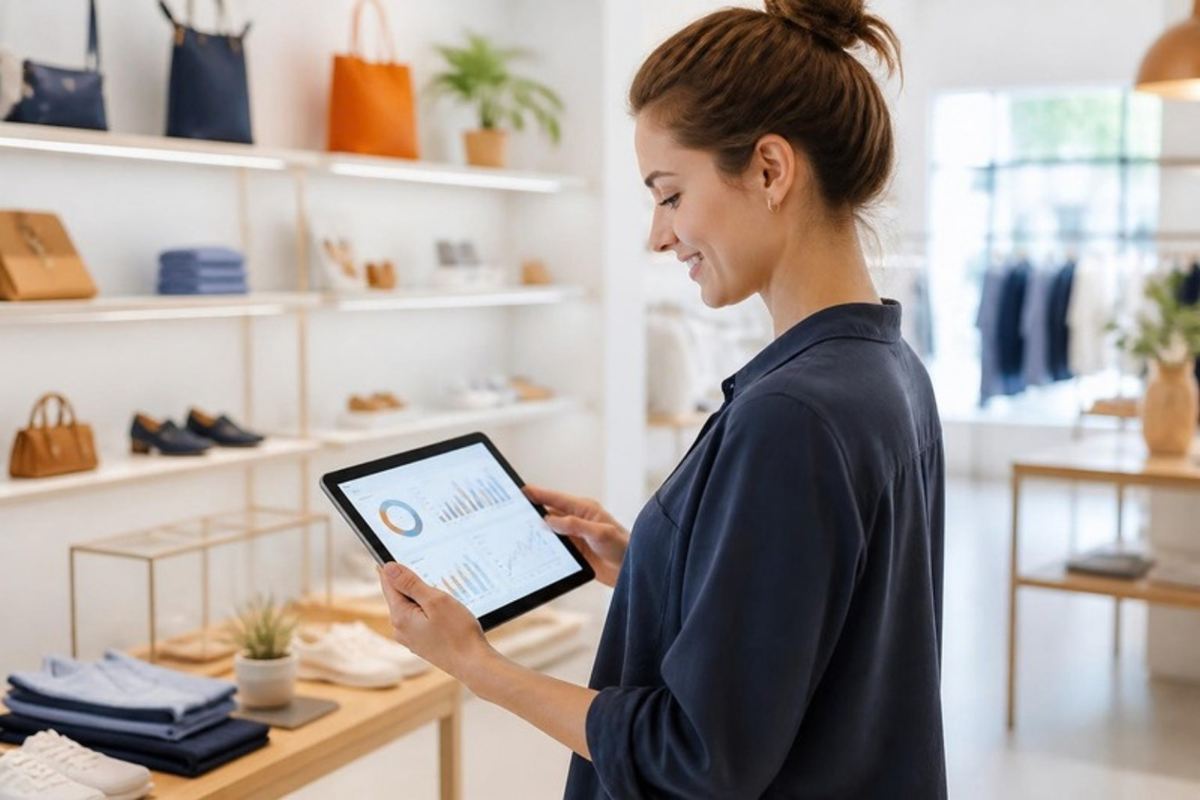 Retail associate checking stock analytics on a tablet